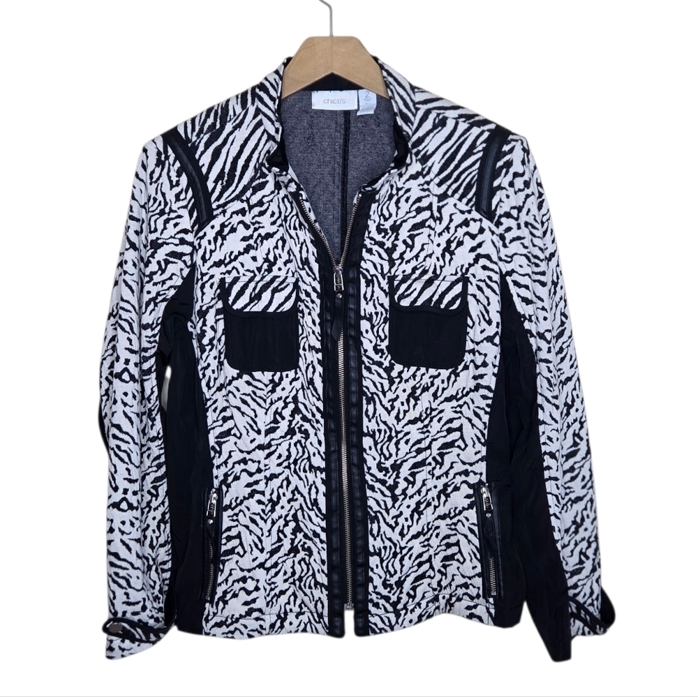 Chico's Black White Zebra Animal Print Zip Jacket Chico's Size 2 or Large 12